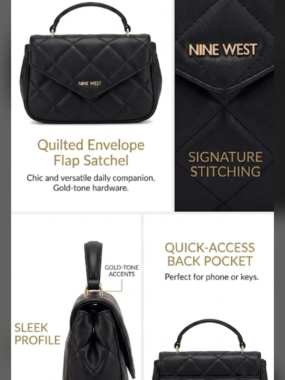 Nine West Black Quilted Envelope Flap Satchel with Gold Hardware